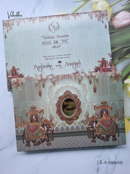 Semi Box Acrylic Hathi Dulah Dulhan Raj Mahal Hindu Sikh Jain invitation Cards CR-8051 – image 1