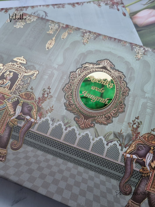 Semi Box Acrylic Hathi Dulah Dulhan Raj Mahal Hindu Sikh Jain invitation Cards CR-8051 – image 2