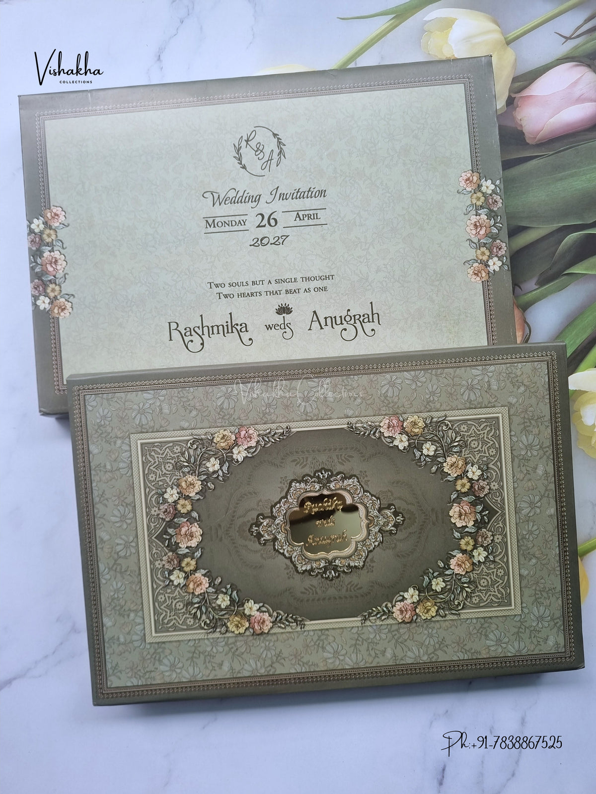 Semi Box Acrylic Flower Rose Hindu Muslim Christian Sikh Jain invitation Cards CR-8052 – image 1