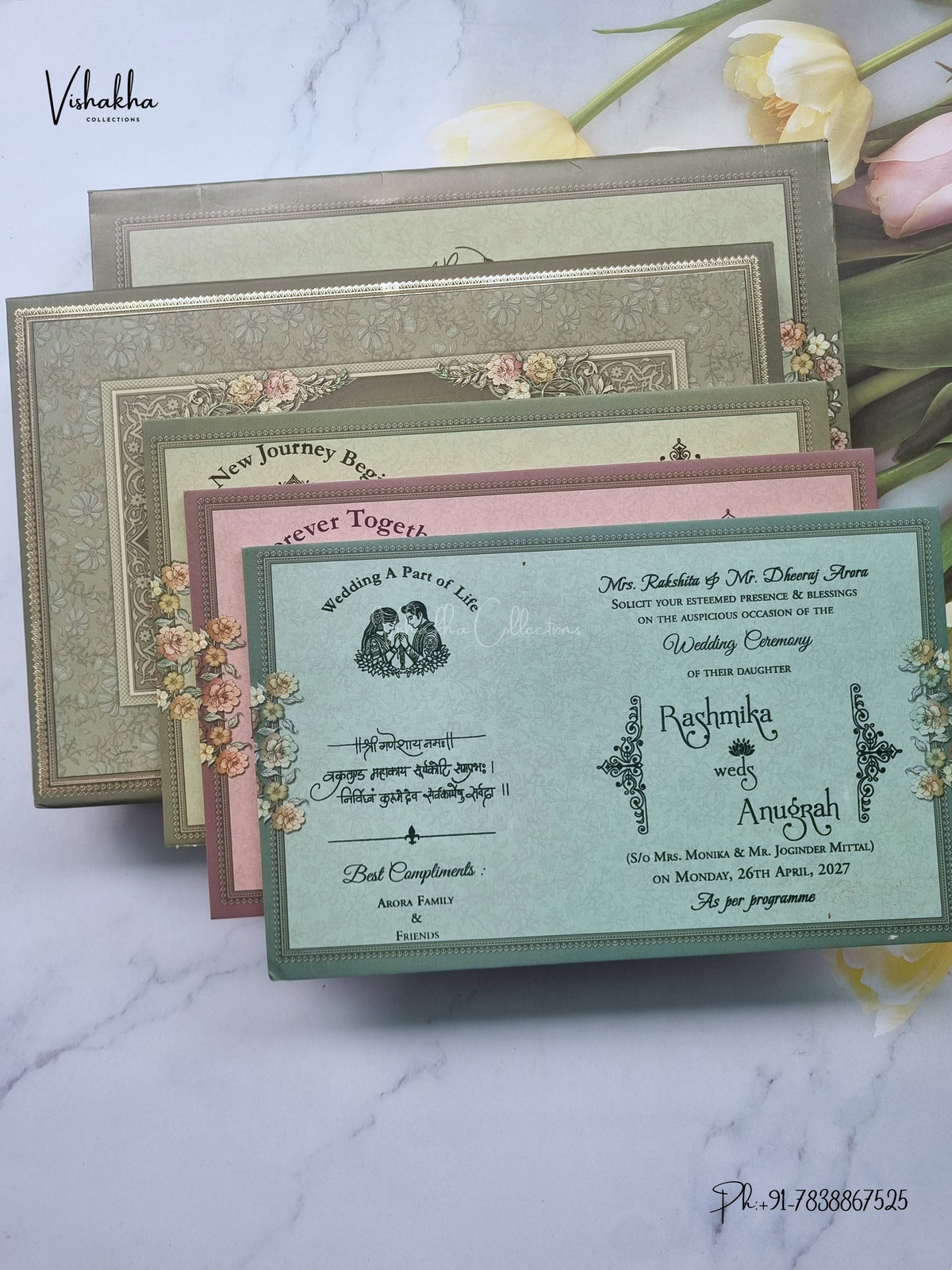 Semi Box Acrylic Flower Rose Hindu Muslim Christian Sikh Jain invitation Cards CR-8052 – image 3
