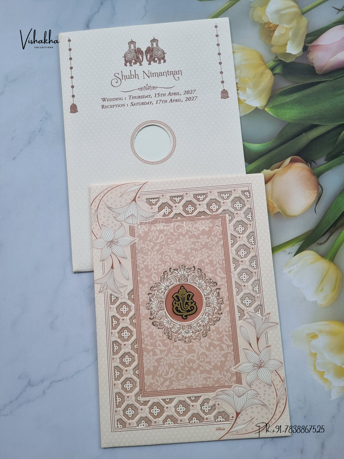 Laser Cut Ganesh Ji Jaali Flower Hindu Jain invitation Cards CR-8063P – image 1