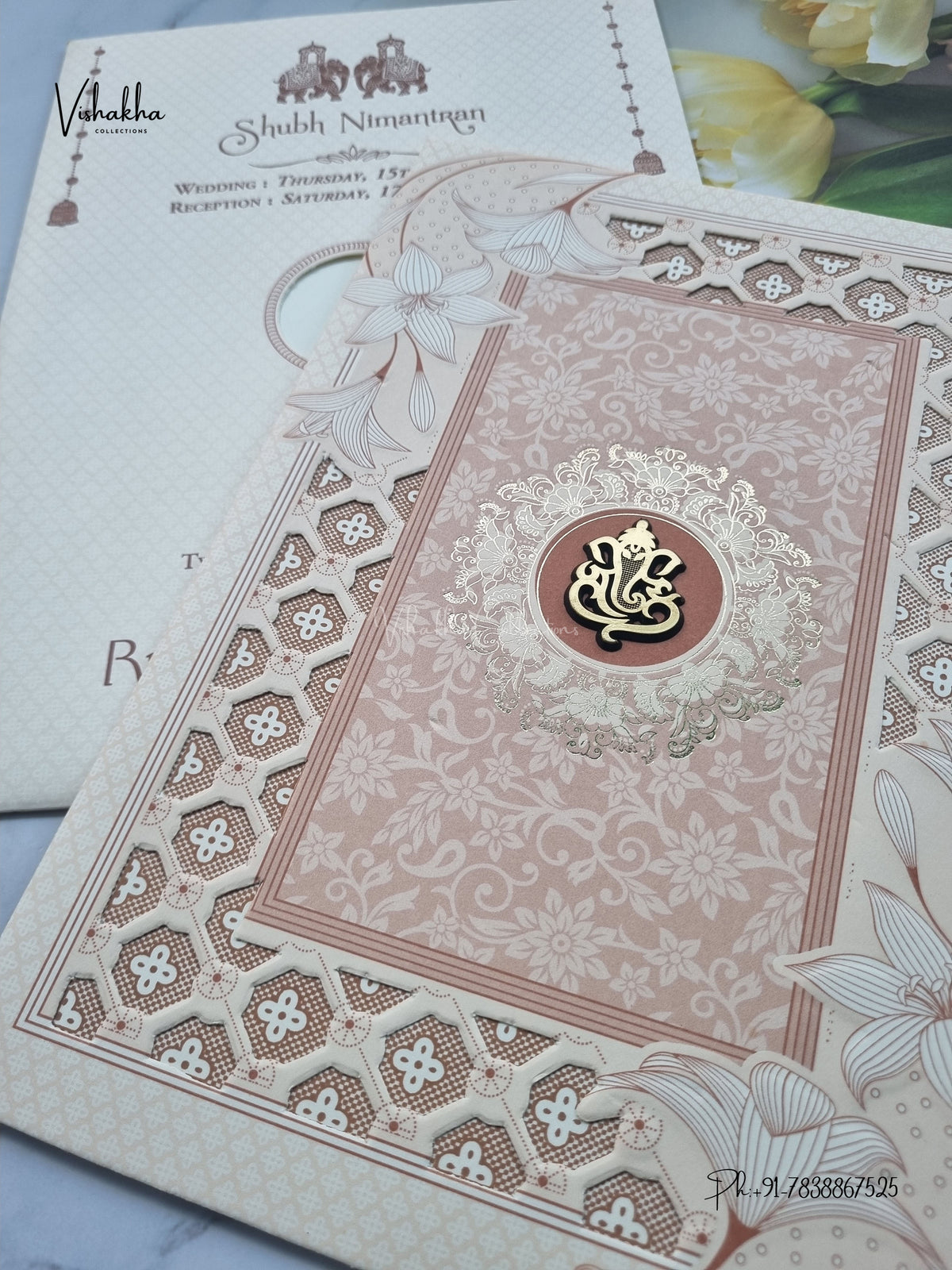 Laser Cut Ganesh Ji Jaali Flower Hindu Jain invitation Cards CR-8063P – image 2
