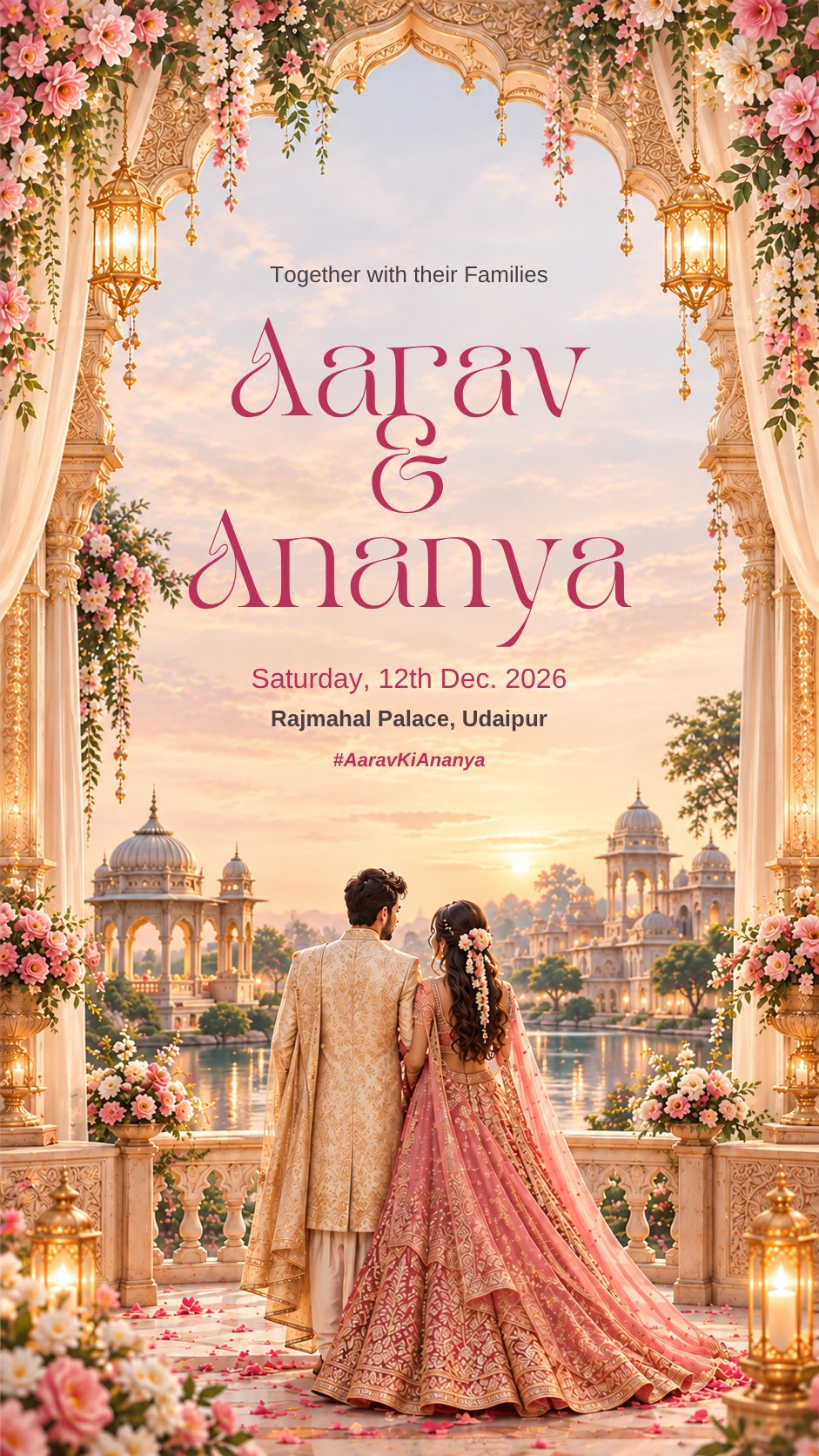 Royal palace digital wedding e-invite cover, bride and groom at a lake palace at sunset, EINV-001