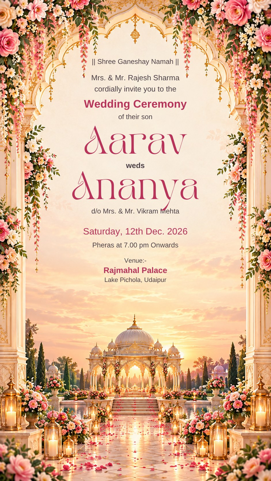 Digital wedding invitation card in blush and gold with palace arch and domed pavilion, EINV-001