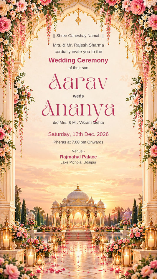 Digital wedding invitation card in blush and gold with palace arch and domed pavilion, EINV-001