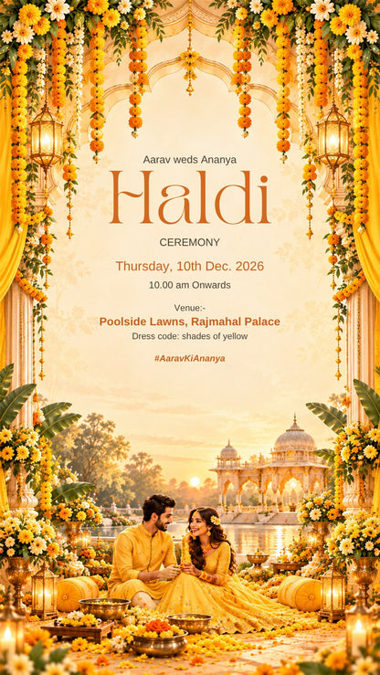 Haldi ceremony e-invite in yellow with marigold garlands and the couple, EINV-001