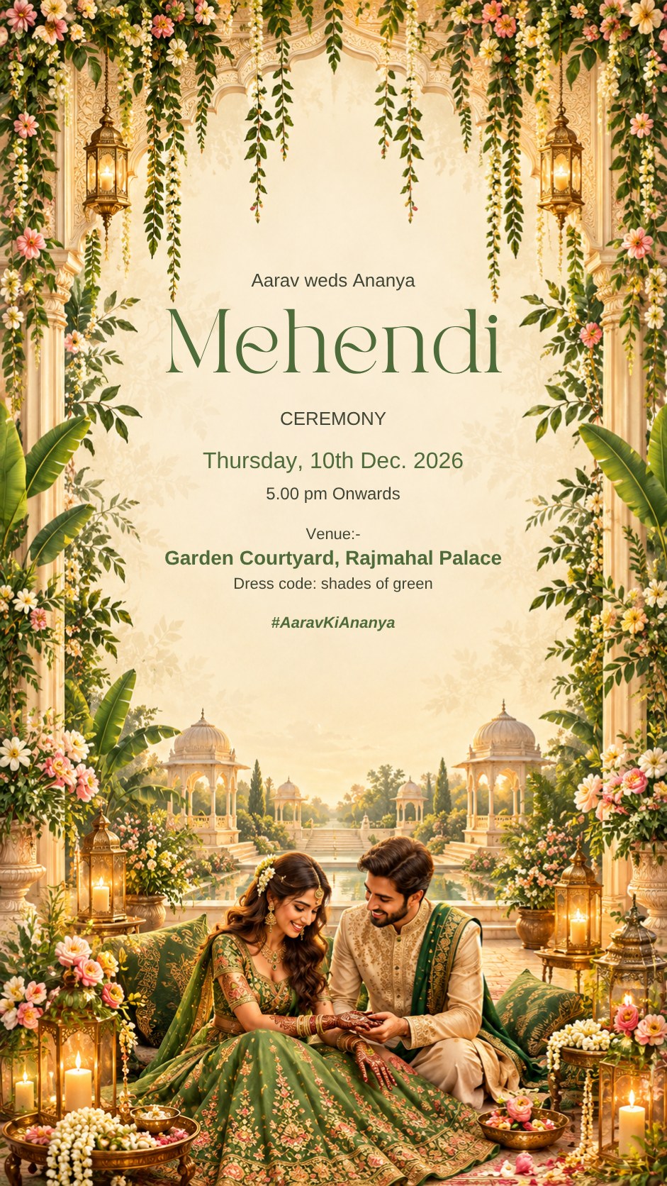 Mehendi ceremony e-invite in green with the couple in a garden courtyard, EINV-001
