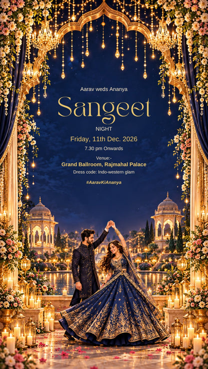 Sangeet night e-invite in navy and gold with the couple dancing under chandeliers, EINV-001