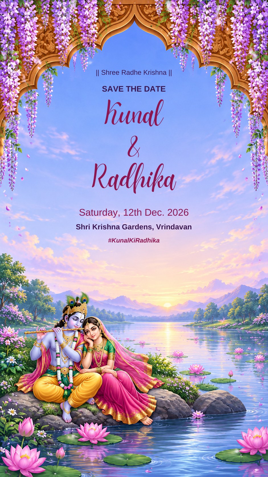Radha Krishna save the date e-invite, Krishna playing the flute beside Radha at a lotus lake under a wisteria arch, EINV-002