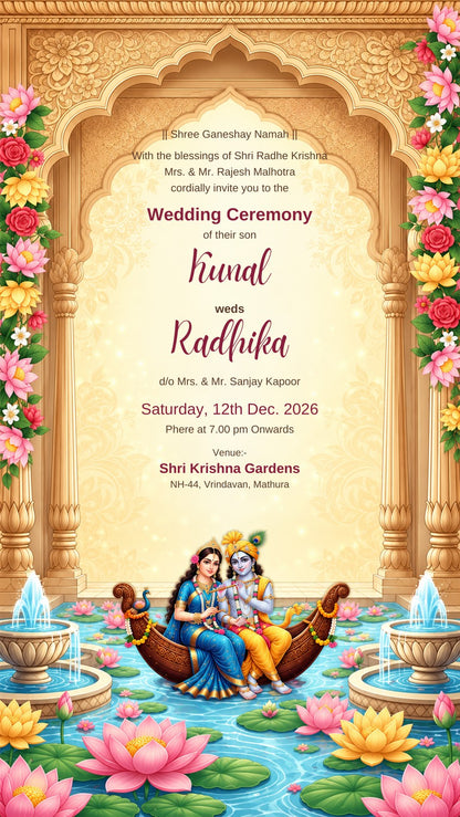 Radha Krishna wedding invitation e-card, the couple in a peacock boat on a lotus pond inside a golden carved arch, EINV-002