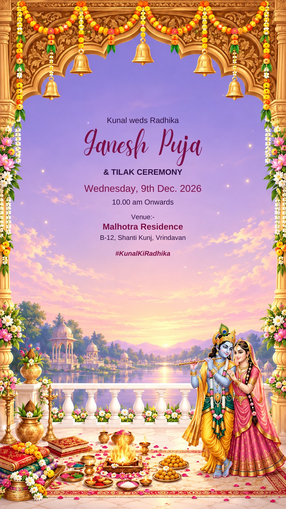Ganesh Puja and Tilak ceremony e-invite with havan, puja thali, temple bells and Radha Krishna, EINV-002