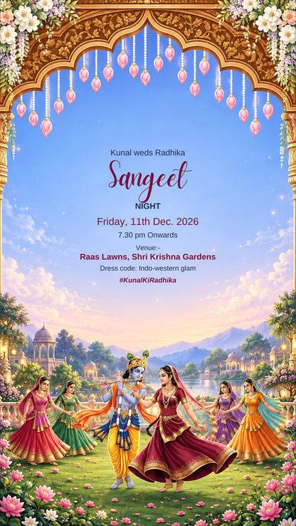 Sangeet night e-invite with Krishna playing the flute and Radha dancing among gopis in a lakeside garden, EINV-002