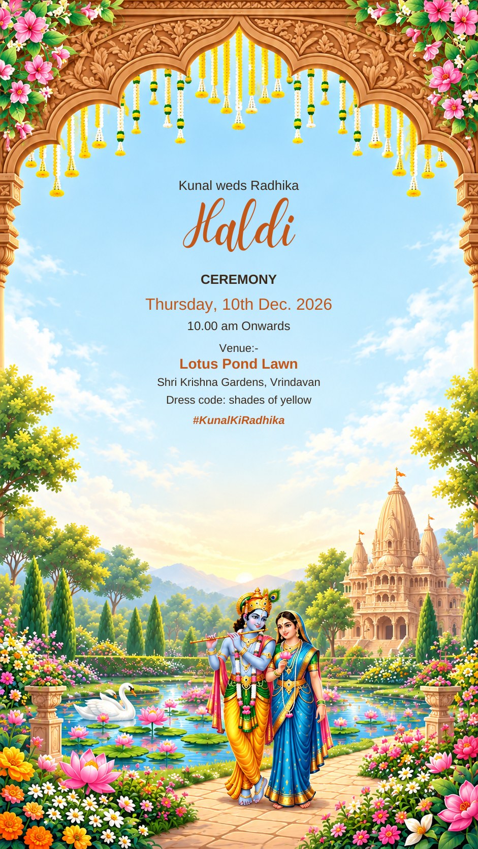 Haldi ceremony e-invite with Radha Krishna walking by a lotus pond and temple under marigold strings, EINV-002