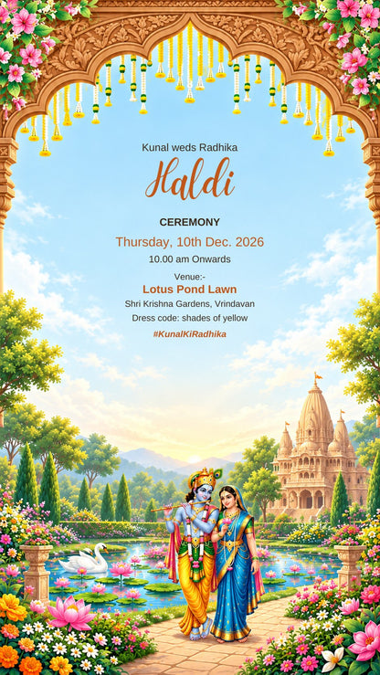 Haldi ceremony e-invite with Radha Krishna walking by a lotus pond and temple under marigold strings, EINV-002