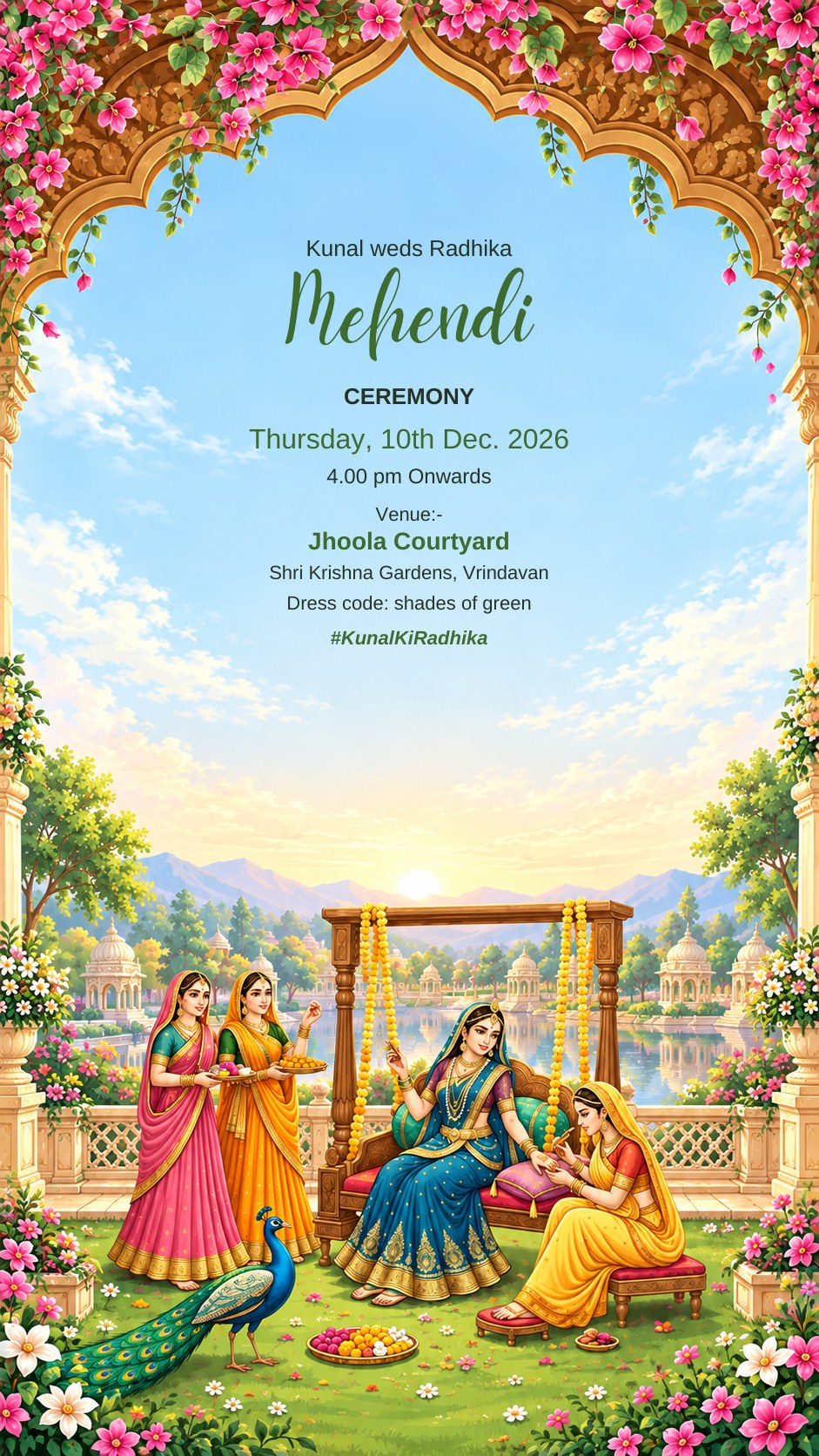 Mehendi ceremony e-invite with the bride on a jhoola swing having mehendi applied, a peacock and pink flowers, EINV-002
