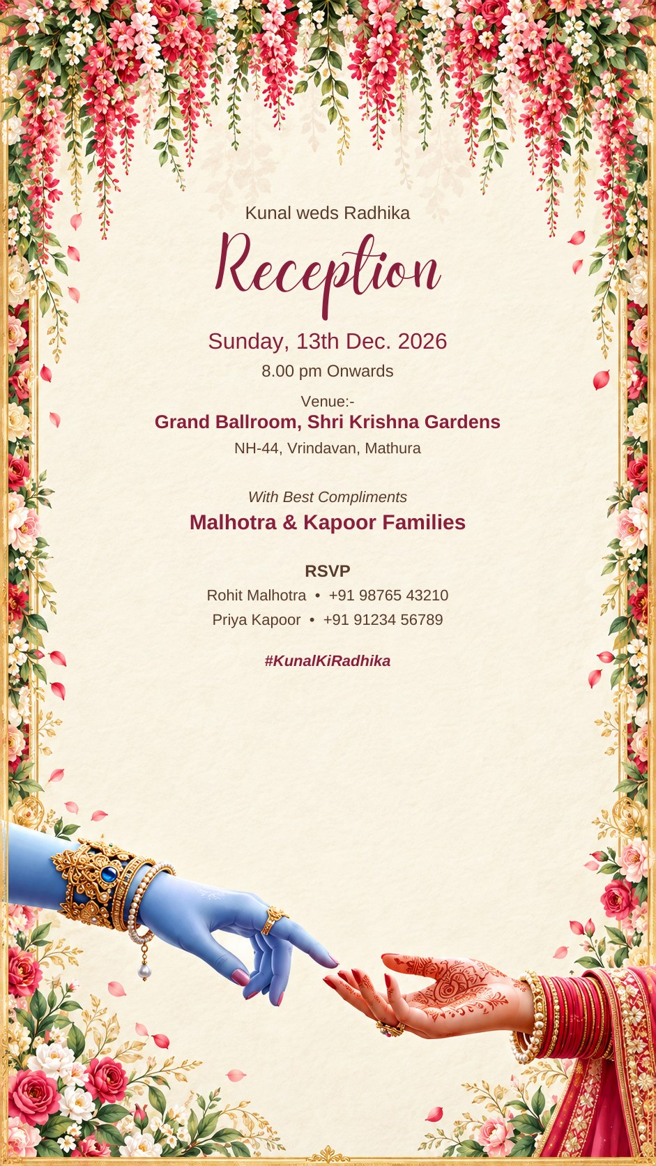 Reception e-invite on cream with hanging red flowers and Krishna's hand reaching for the bride's mehendi hand, EINV-002