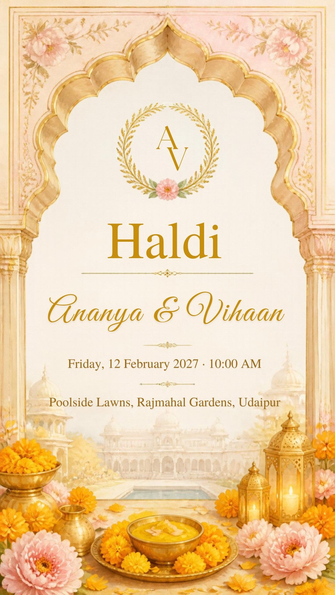 Haldi ceremony e-invite in cream and gold with monogram wreath, haldi bowl and marigolds, EINV-003