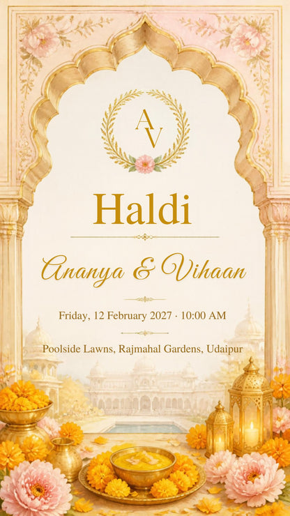Haldi ceremony e-invite in cream and gold with monogram wreath, haldi bowl and marigolds, EINV-003
