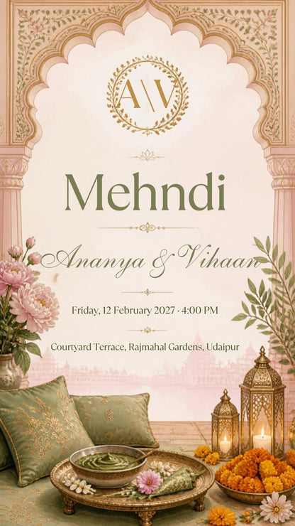 Mehndi ceremony e-invite in blush and sage green with monogram, mehndi bowl, cones and cushions, EINV-003