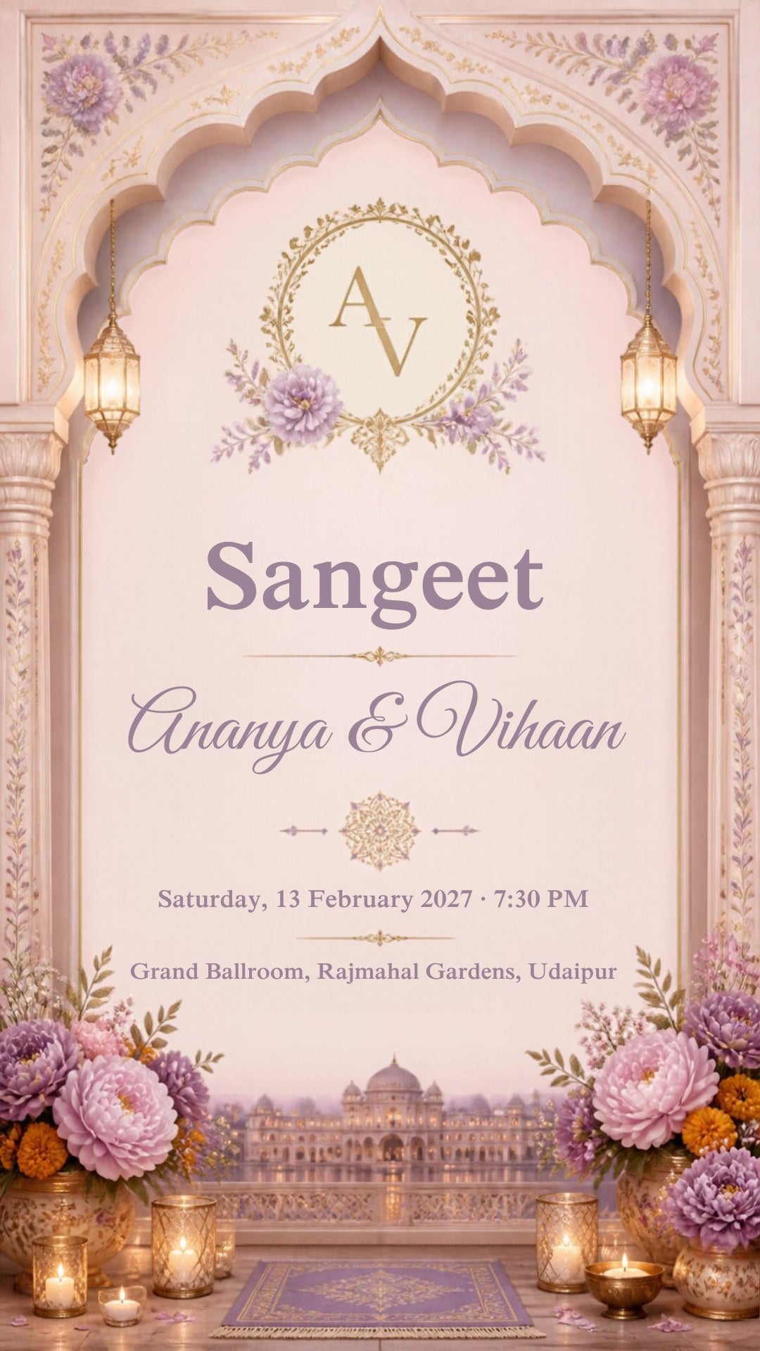 Sangeet e-invite in lavender and blush with monogram, hanging lanterns, peonies and a lit palace, EINV-003