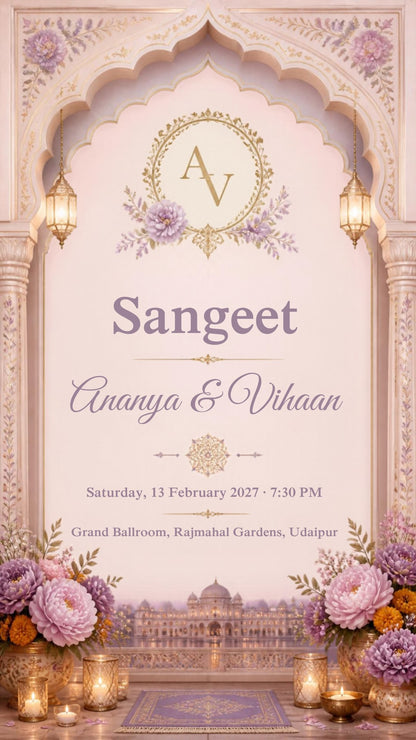 Sangeet e-invite in lavender and blush with monogram, hanging lanterns, peonies and a lit palace, EINV-003