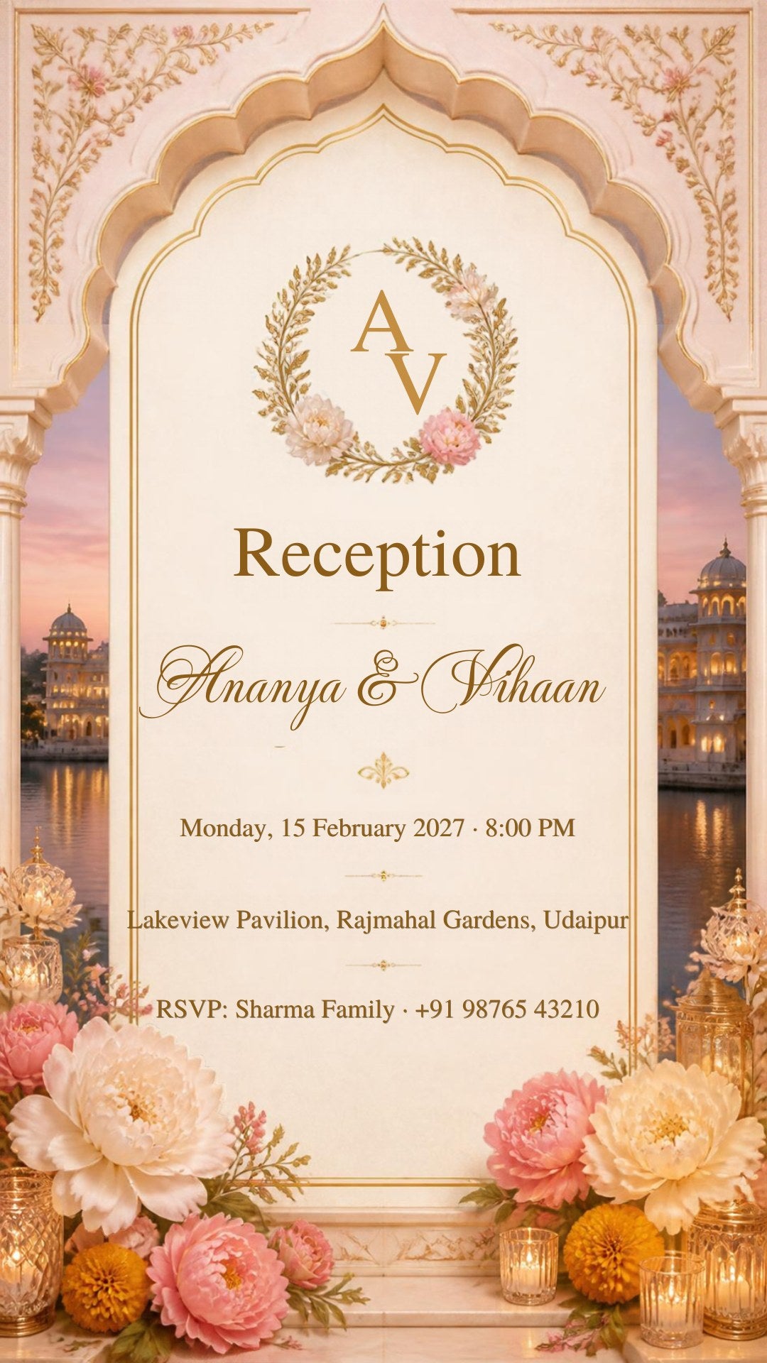 Reception e-invite in ivory and gold with monogram wreath, a lake palace at dusk and peonies, EINV-003