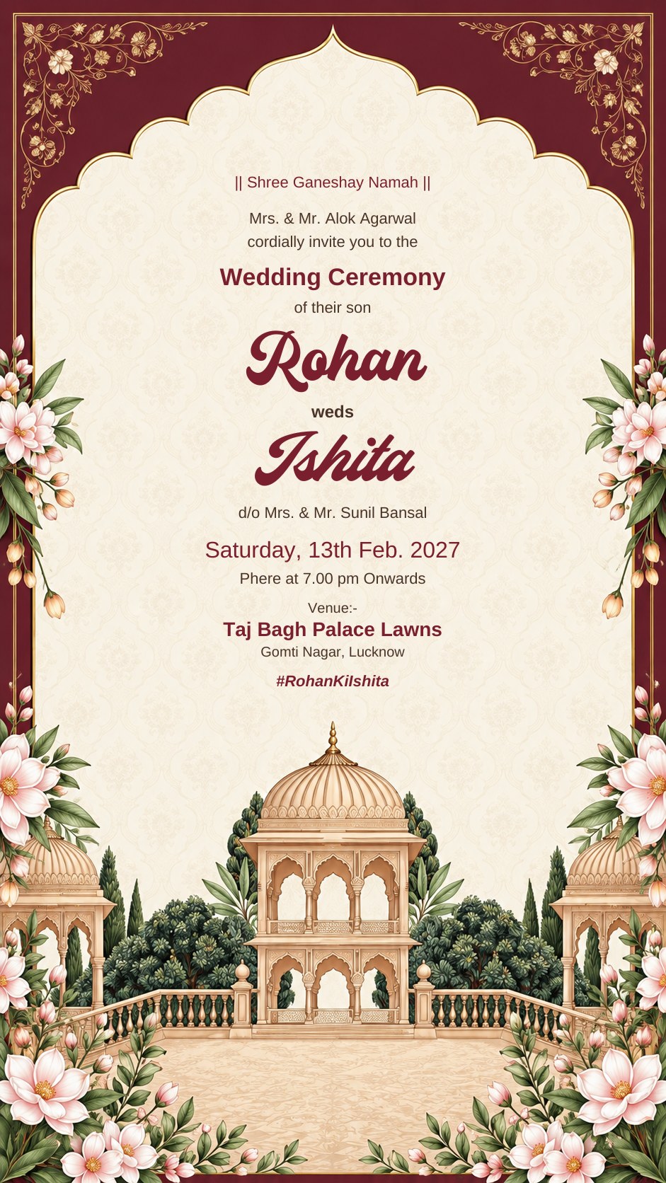 Wedding e-invite with a maroon frame, scalloped ivory arch, domed chhatri pavilions in a garden and pink blossoms, EINV-006