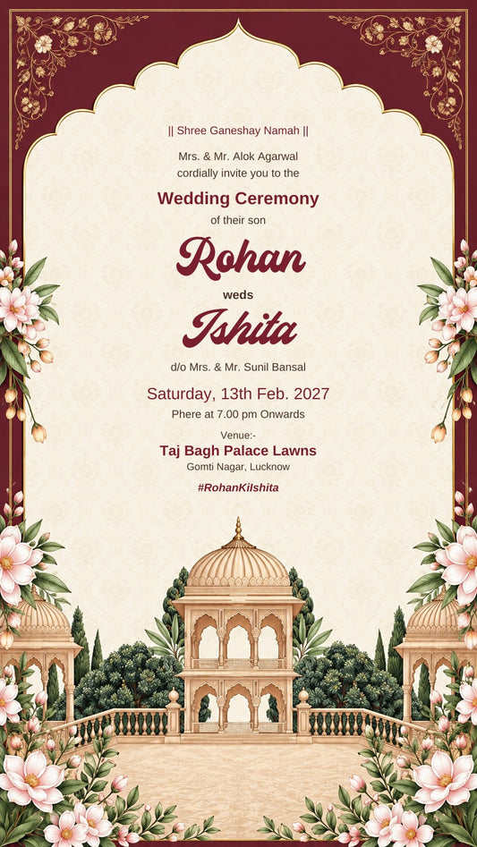Wedding e-invite with a maroon frame, scalloped ivory arch, domed chhatri pavilions in a garden and pink blossoms, EINV-006