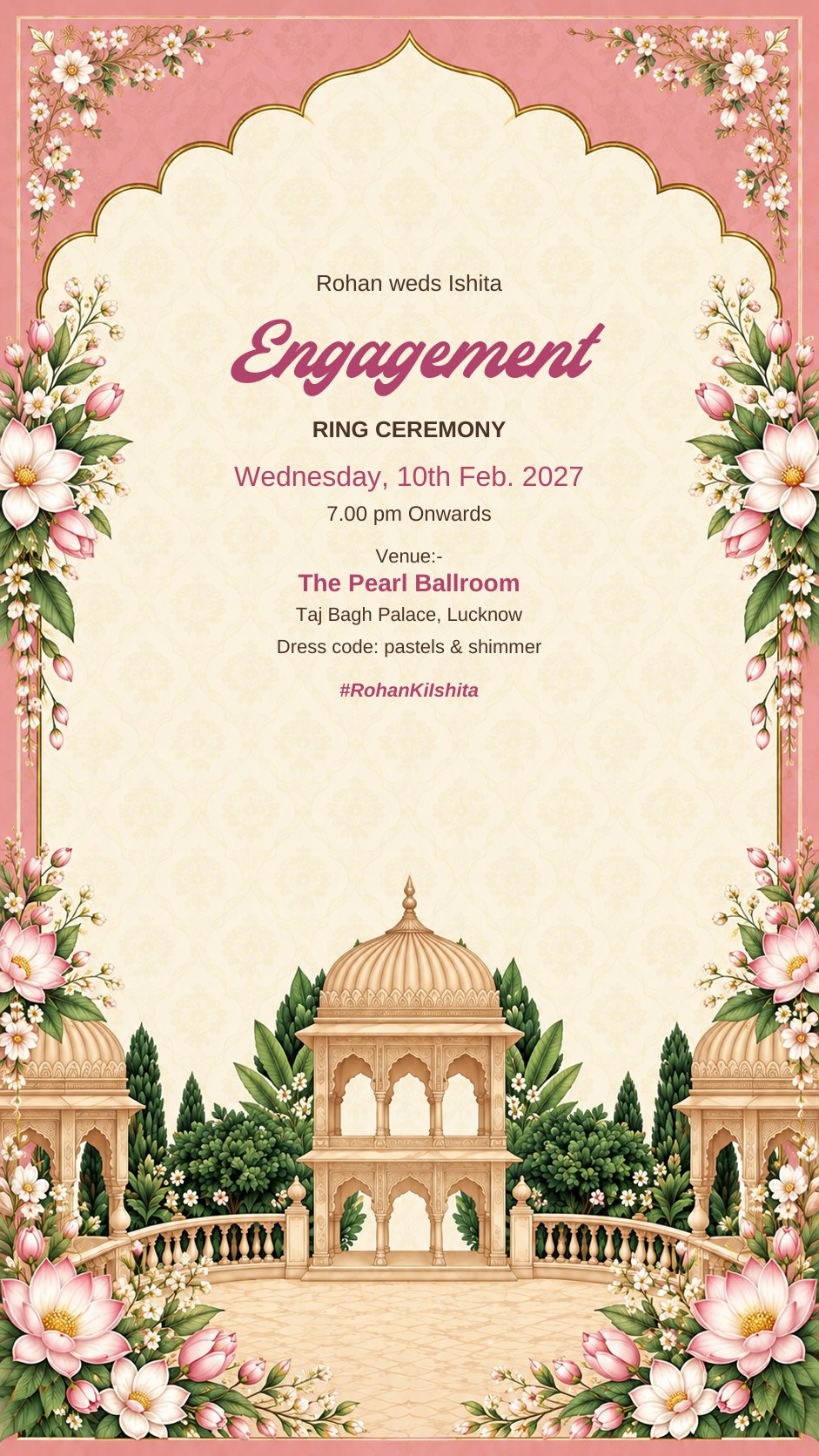 Engagement ring ceremony e-invite in rose pink with chhatri pavilions, pink lotus and white blossoms, EINV-006