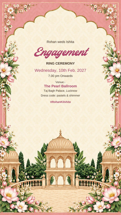 Engagement ring ceremony e-invite in rose pink with chhatri pavilions, pink lotus and white blossoms, EINV-006