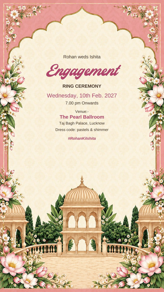 Engagement ring ceremony e-invite in rose pink with chhatri pavilions, pink lotus and white blossoms, EINV-006