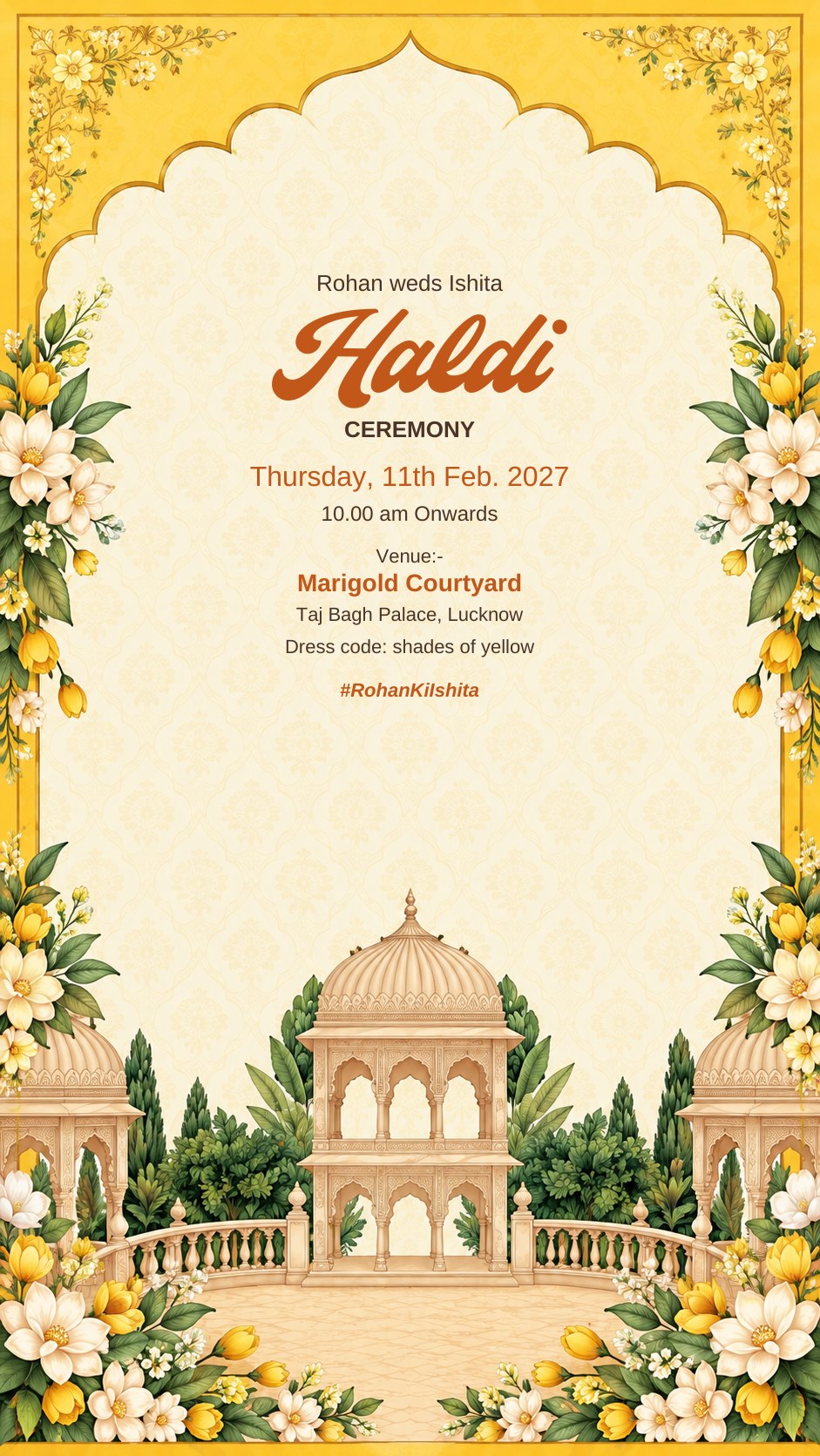 Haldi ceremony e-invite in sunshine yellow with chhatri pavilions and yellow and white flowers, EINV-006