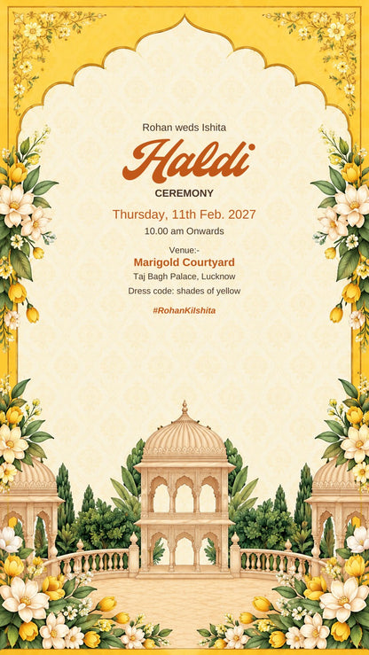 Haldi ceremony e-invite in sunshine yellow with chhatri pavilions and yellow and white flowers, EINV-006