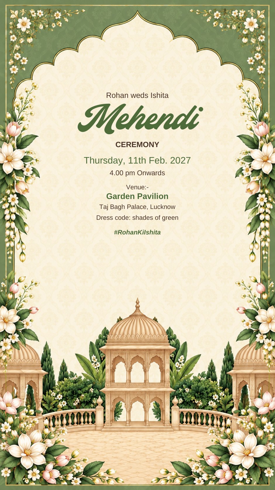 Mehendi ceremony e-invite in sage green with chhatri pavilions, white blossoms and garden trees, EINV-006