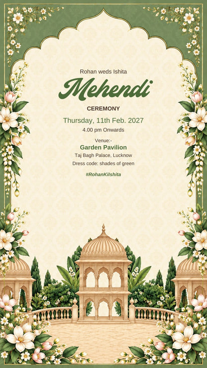 Mehendi ceremony e-invite in sage green with chhatri pavilions, white blossoms and garden trees, EINV-006