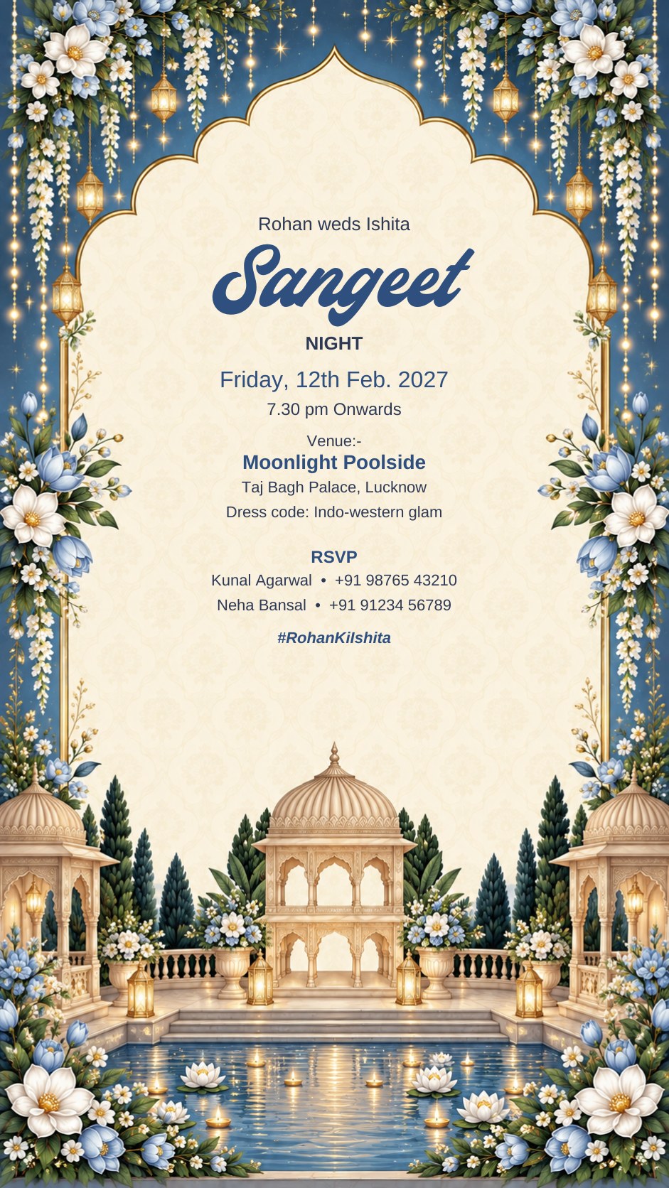 Sangeet night e-invite in dusk blue with hanging lanterns, chhatri pavilions and a pool of floating diyas, EINV-006