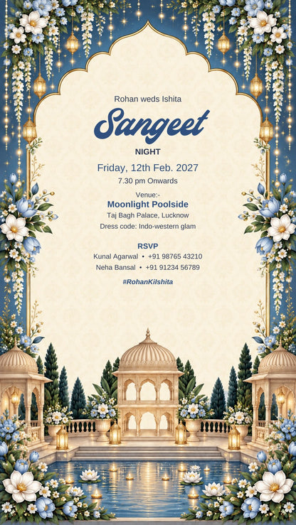 Sangeet night e-invite in dusk blue with hanging lanterns, chhatri pavilions and a pool of floating diyas, EINV-006