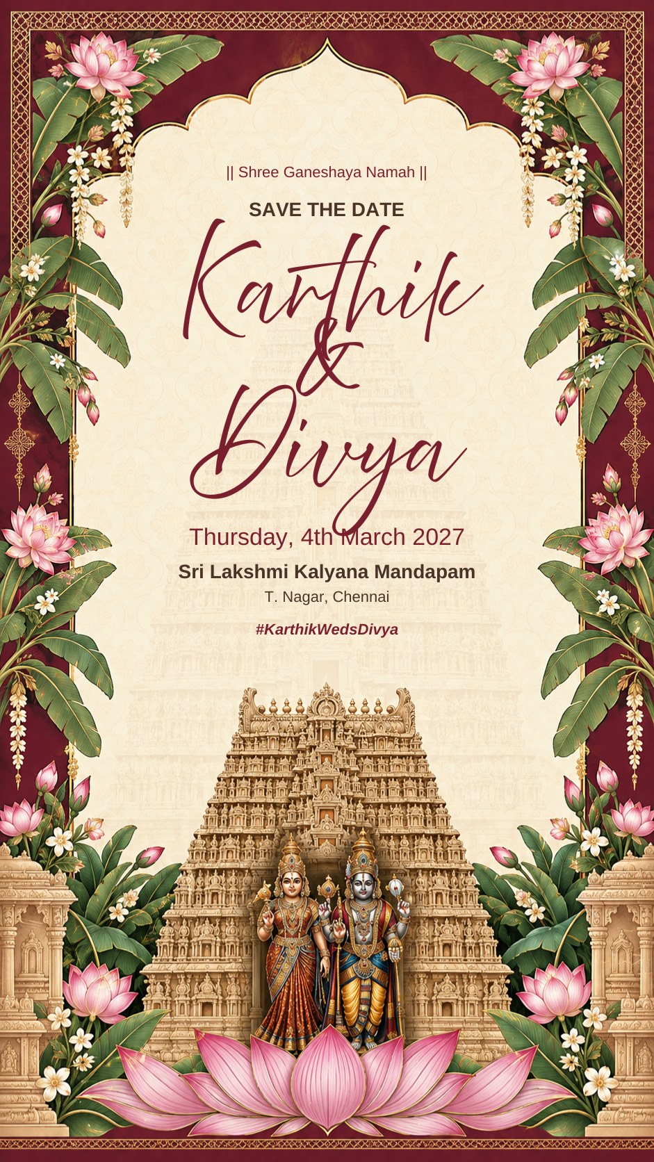 South Indian save the date e-invite with Sri Lakshmi Narayana before a temple gopuram on a pink lotus, banana leaves and maroon border, EINV-007