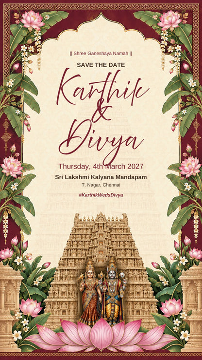 South Indian save the date e-invite with Sri Lakshmi Narayana before a temple gopuram on a pink lotus, banana leaves and maroon border, EINV-007