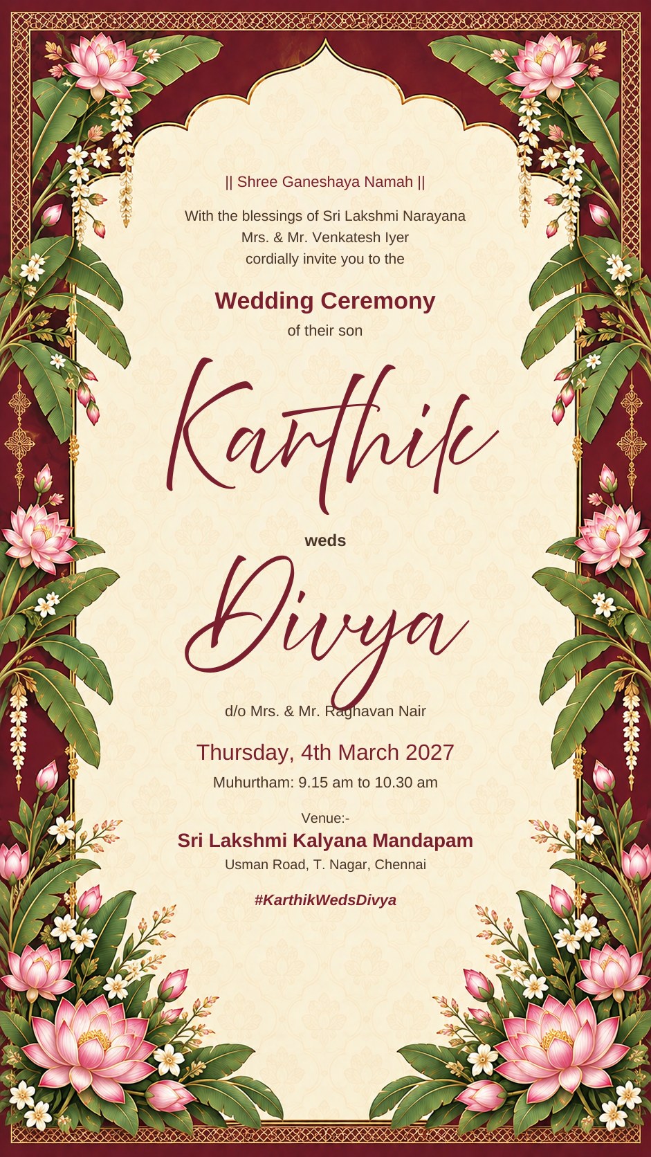 South Indian wedding invitation e-card in maroon and ivory with pink lotus, jasmine and banana leaves, EINV-007