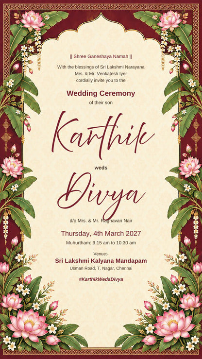 South Indian wedding invitation e-card in maroon and ivory with pink lotus, jasmine and banana leaves, EINV-007