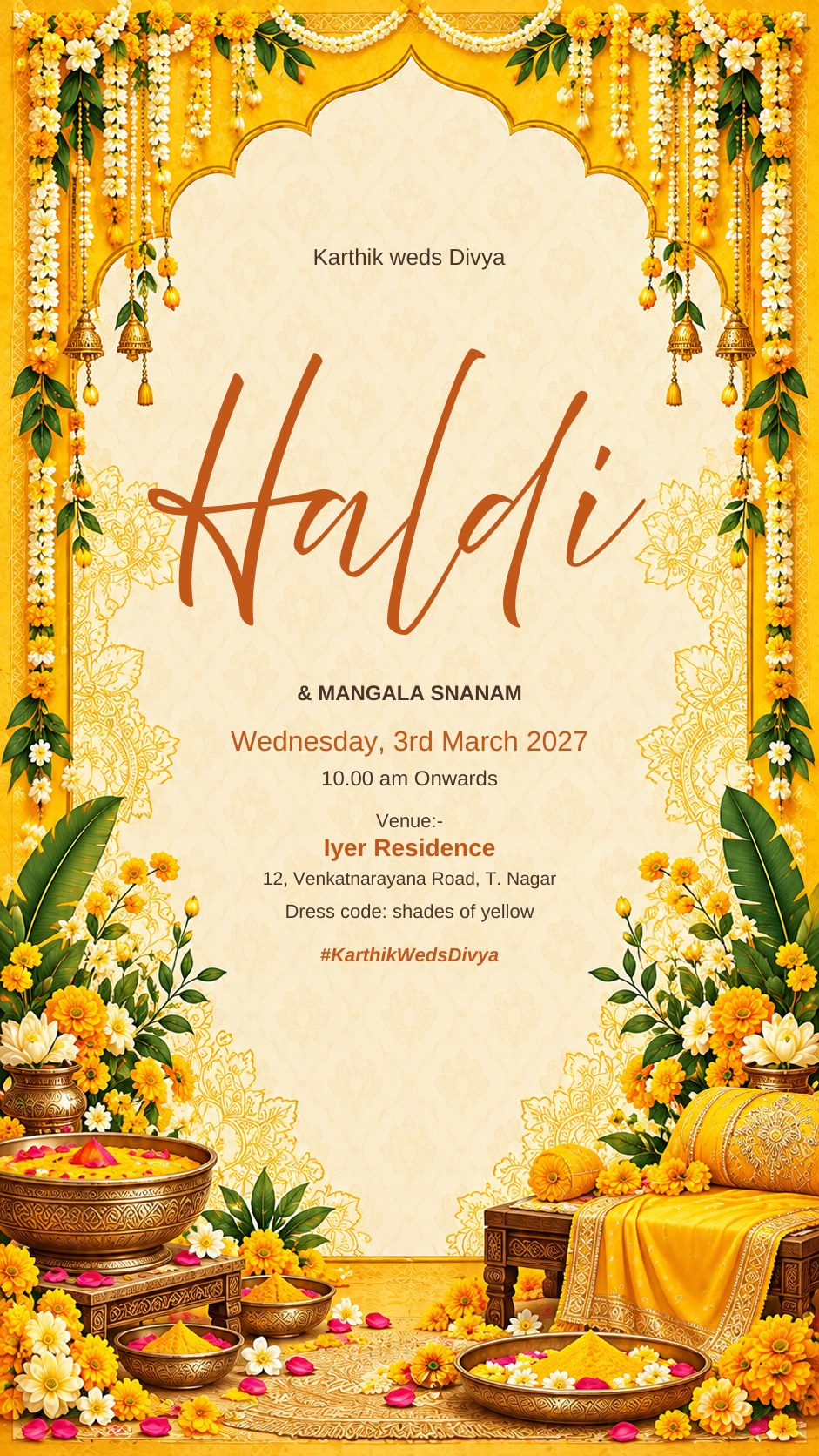 Haldi and Mangala Snanam e-invite in yellow with marigold and jasmine garlands, temple bells and turmeric bowls, EINV-007