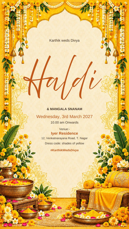 Haldi and Mangala Snanam e-invite in yellow with marigold and jasmine garlands, temple bells and turmeric bowls, EINV-007