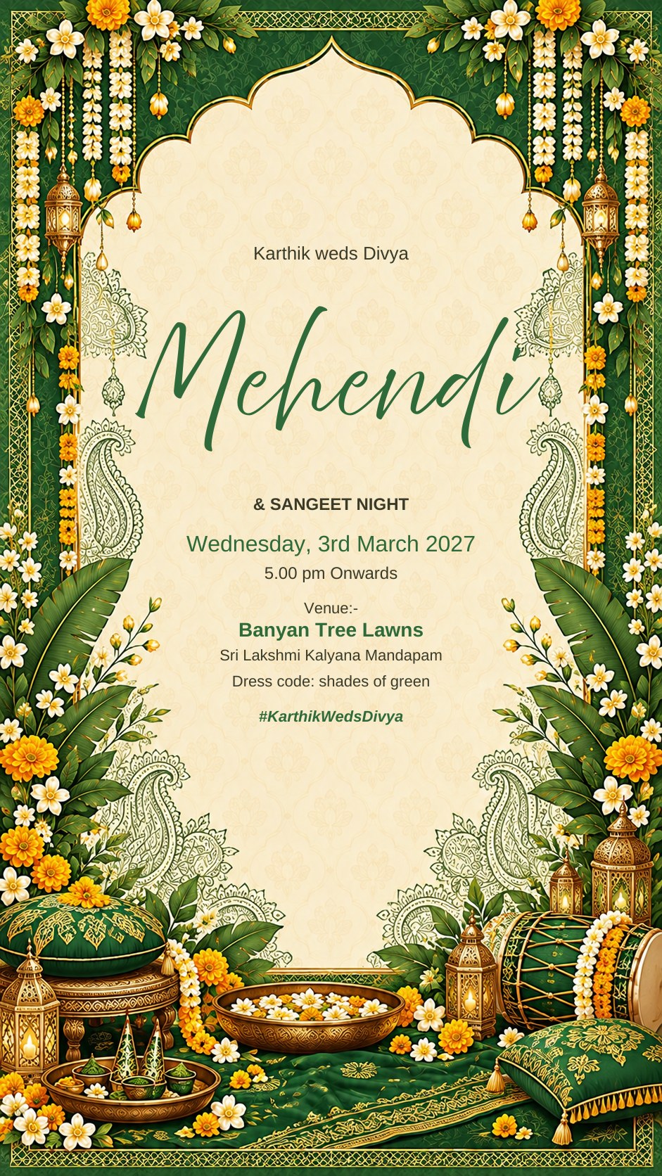 Mehendi and Sangeet night e-invite in green with jasmine garlands, paisleys, lanterns and a dholak, EINV-007