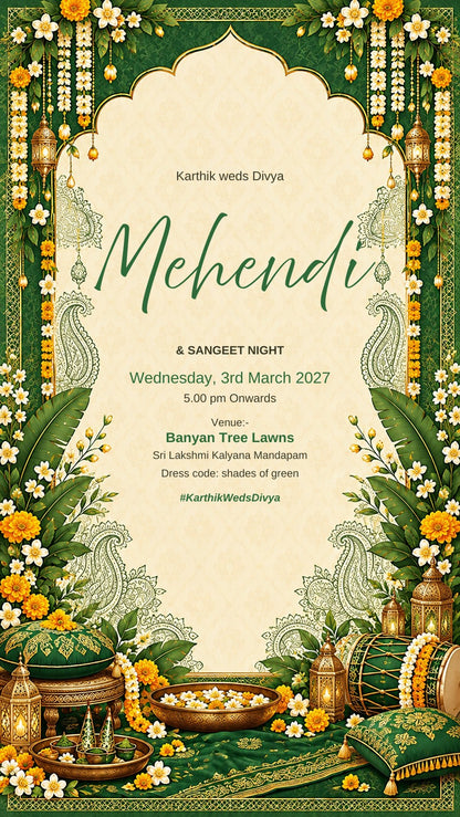 Mehendi and Sangeet night e-invite in green with jasmine garlands, paisleys, lanterns and a dholak, EINV-007
