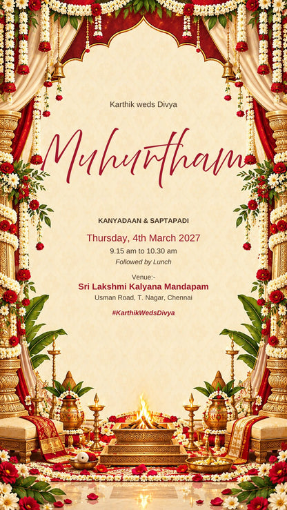 Muhurtham e-invite for Kanyadaan and Saptapadi with a mandap, sacred fire, kalash and brass lamps, EINV-007