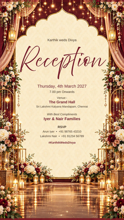 Wedding reception e-invite in maroon and gold with drapes, hanging lanterns and flower stands, EINV-007