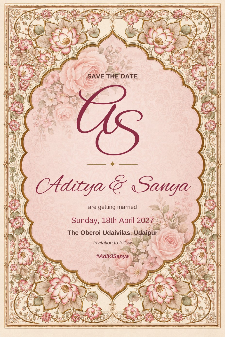 Save the date e-invite in blush pink with a monogram, gold scalloped frame, pink roses and a lotus border, EINV-008