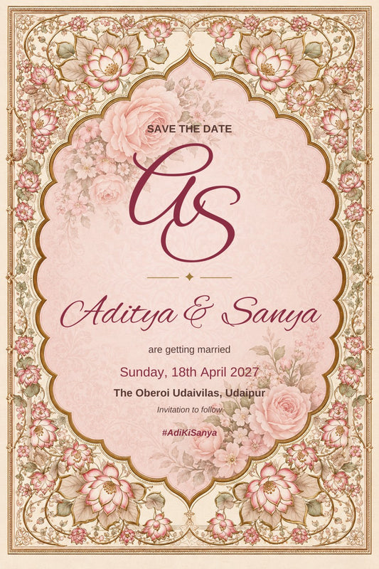Save the date e-invite in blush pink with a monogram, gold scalloped frame, pink roses and a lotus border, EINV-008