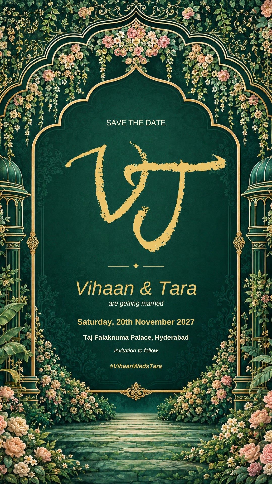 Save the date e-invite in emerald green with a gold brush monogram under a flowering arch, EINV-009